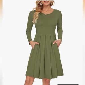AUSELILY Women's Long Sleeve Casual Pleated Loose Swing Dress with Pockets